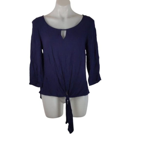 Jeanswest Tops - Jeanswest Top Size 8 Navy Blue 3/4 Sleeves Round Neck Tie-up Front Hi-Low Hem